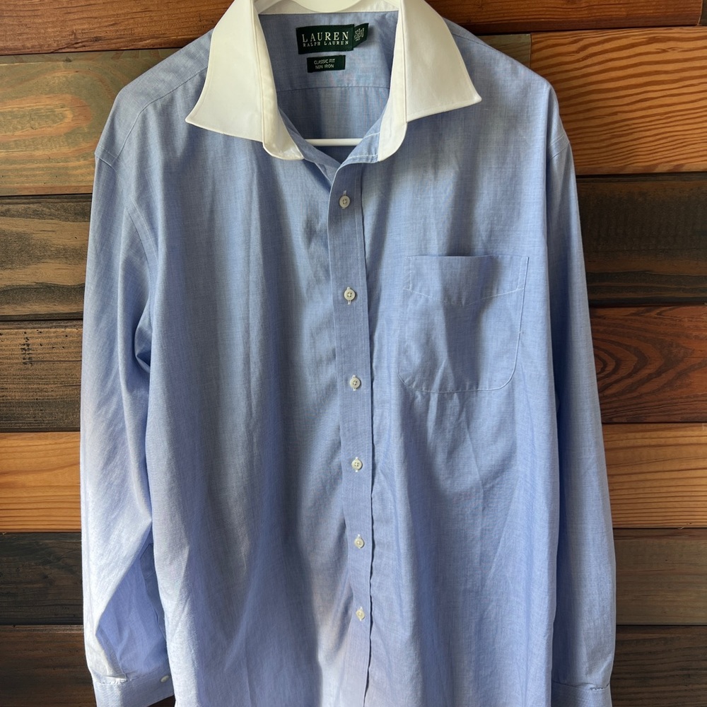 Lauren Ralph Lauren Dress Shirt 17 34/35 Blue White Contrast Collar Button Up